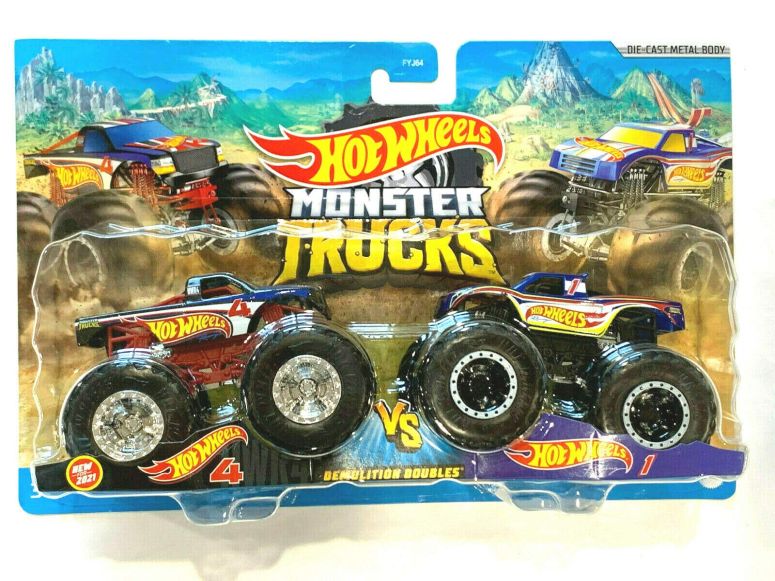 ホットウィール モンスタートラック DieCast Hotwheels Monster Trucks Demolition Doubles [Racing #4 vs #1] 1:64 Scale 2-Pack 【並行輸入品】
