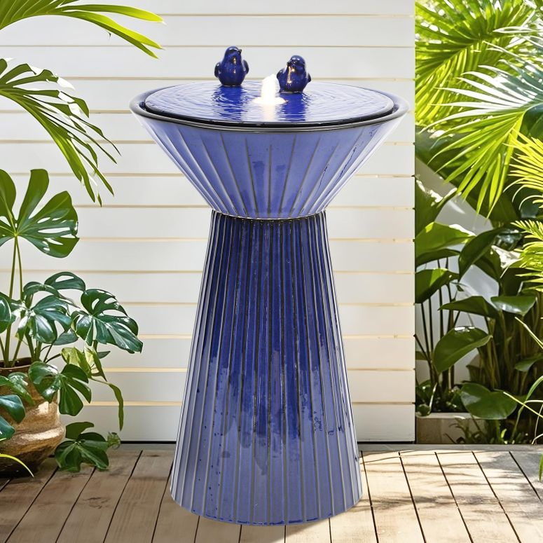 ガーデン 噴水 インテリア噴水 置き型 噴水 滝のオブジェ ウォーターフォールファウンテン Autodaya 28" H Ceramic Birdbath Outdoor Fountain with LED Lights, Bird Accents & Fluted Texture, Bubbling Water Feature for Garden, Patio, Yard or 【並行輸入品】|MJ-MARKET