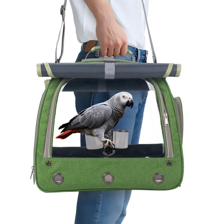 インコ 小鳥 バード トラベルキャリアー Bird Carrier Parrot Travel Cage with Perch, Food Bowl, Tray and Breathable Clear Window, Bird Travel Bag for African Gray Cockatiel Caique Conure Quaker, for Vetting Camping Hiking (Green) 【並行輸入品】