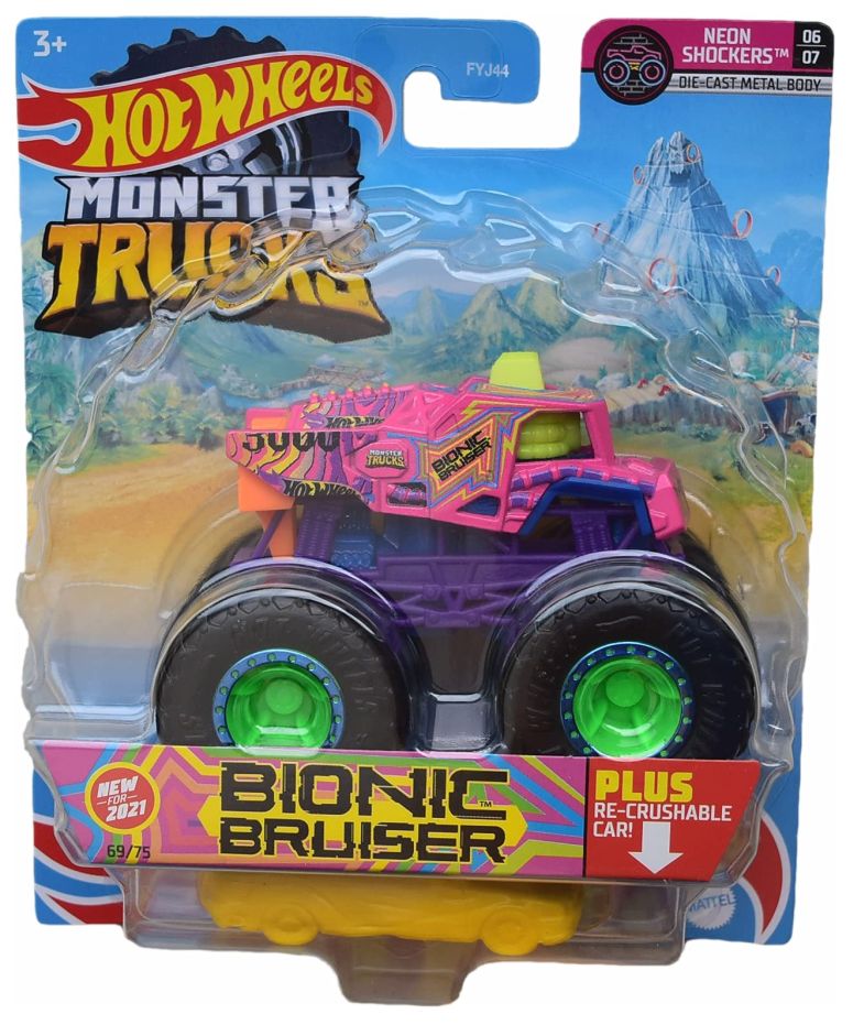 ホットウィール モンスタートラック Hot Wheels Monster Trucks Bionic Bruiser, [Pink] Re-Crushable Car 69/75 Neon Shockers 6/7 【並行輸入品】｜MJ-MARKET