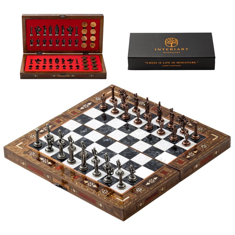 チェスセット Handmade Folding Wooden Chess Set with Metal Pieces ? Walnut Wood Board ? Luxury Chess Gift for Adults ? Travel Friendly ? 6 Color Options (Copper-Silver Pieces, Black) 【並行輸入品】