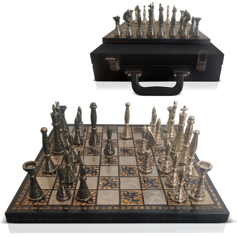 チェスセット Guruji Divinity Collectible Metal Brass Chess Set Tribal Warli Art in Leather Storage Box. (12 X 12 in) 【並行輸入品】