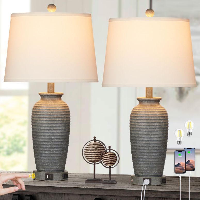 サファヴィヤ safavieh テーブルランプ サファビヤ サファヴィア CINSARY 25" Farmhouse Jar Table Lamps Set of 2, 3 Way Touch Control Rustic Bedside Lamps with USB A+C Ports & AC Outlet, Pot Nightstand Lamps for Bedroom Living Room (LED 【並行輸入品】|MJ-MARKET