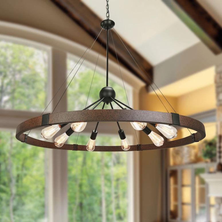 サファヴィヤ safavieh テーブルランプ サファビヤ サファヴィア Klgxnrd 38.2'' Large Farmhouse Wagon Wheel Chandelier for Living Room, 8-Light Rustic Round Metal Light Fixtures for Dining Room Entryway Kitchen Island, Vintage Rust and 【並行輸入品】
