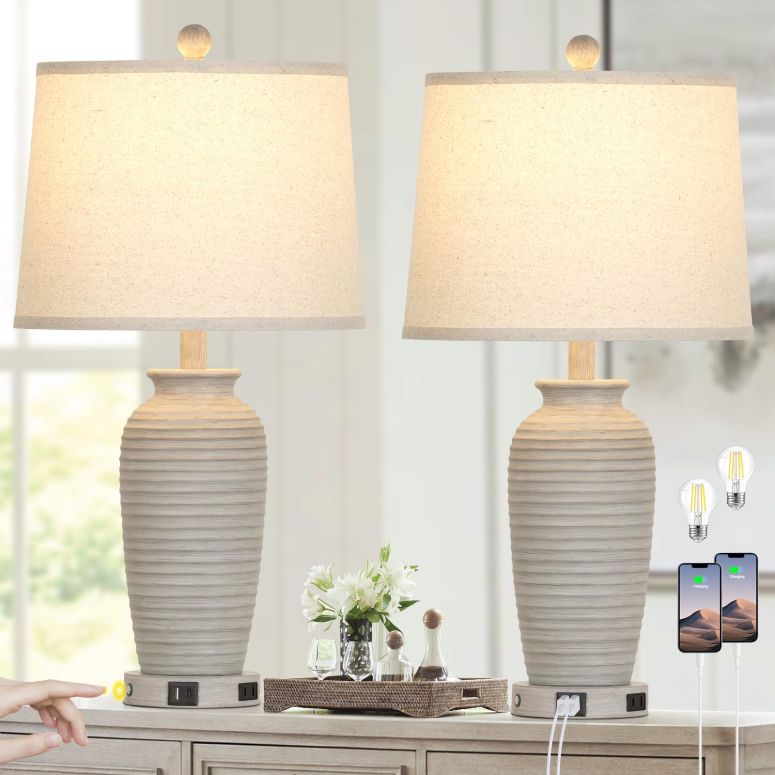 サファヴィヤ safavieh テーブルランプ サファビヤ サファヴィア CINSARY 25" Farmhouse Jar Table Lamps Set of 2, 3 Way Touch Control Rustic Bedside Lamps with USB A+C Ports & AC Outlet, Pot Nightstand Lamps for Bedroom Living Room (LED 【並行輸入品】|MJ-MARKET