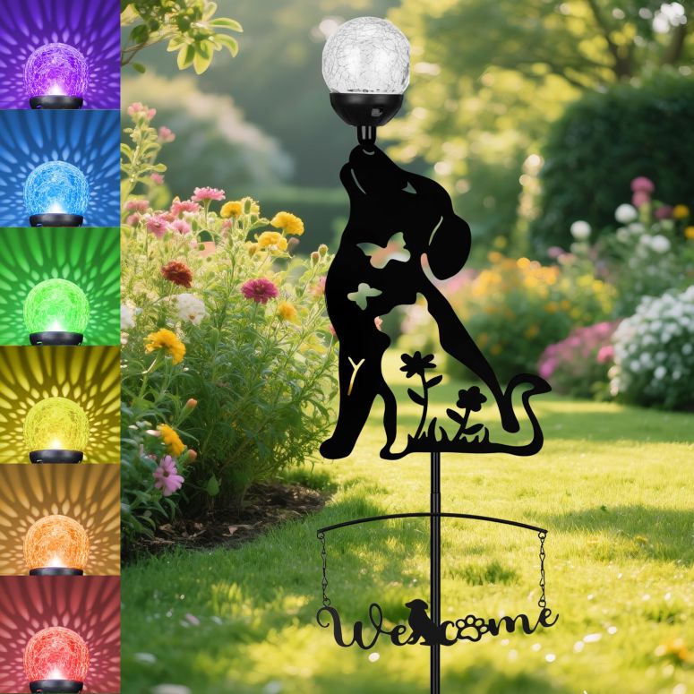 ガーデンライトLEDソーラーライト ソーラーパワー GIBMIDSER Solar Dog Light Outdoor Decorative,Metal Black Dog&Cat Silhouette Solar Garden Stake,Multi-Colored Changing Glass Ball with LED Light,Welcome Yard Sign Lawn Ornament Decor Gi 【並行輸入品】