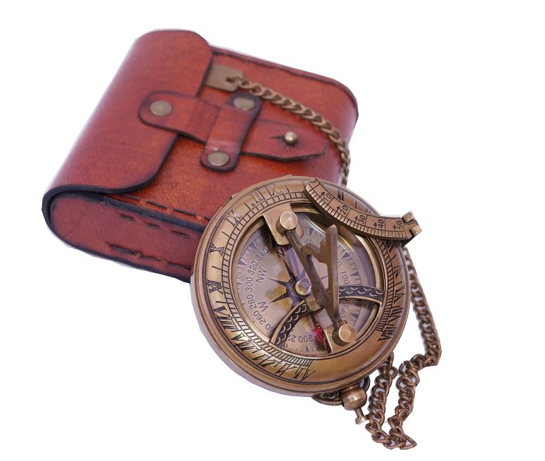 日時計 Vintage Brass Sundial Compass with Leather Case - Antique Brass & Copper Sun Clock for Camping, Hiking, Touring - Engraved Gift for Him - Nautical Ship Replica Watch - Sundial Clock in Box 【並行輸入品】