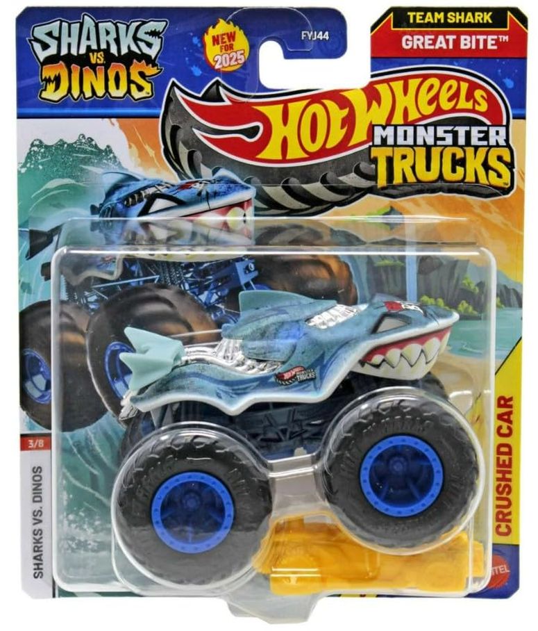 ホットウィール モンスタートラック Hot Wheels Monster Trucks Sharks vs Dinos, 1:64 Scale Die-Cast Vehicle Collection, 2025 Edition (3/8 Team Shark Great Bite) 【並行輸入品】
