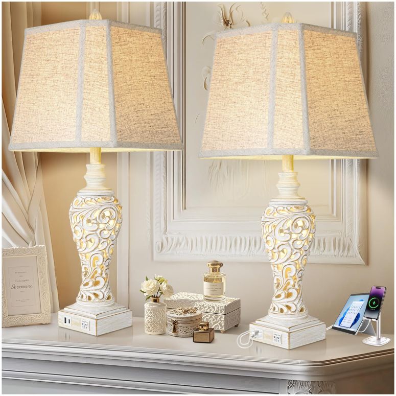 サファヴィヤ safavieh テーブルランプ サファビヤ サファヴィア Vintage Table Lamps Set of 2, 28.5'' High Bedside Lamps with Fabric Shade, Farmhouse Nightstand Lamps with USB A+C Ports and Nightlight - Perfect for Living Room Bedroom 【並行輸入品】｜MJ-MARKET