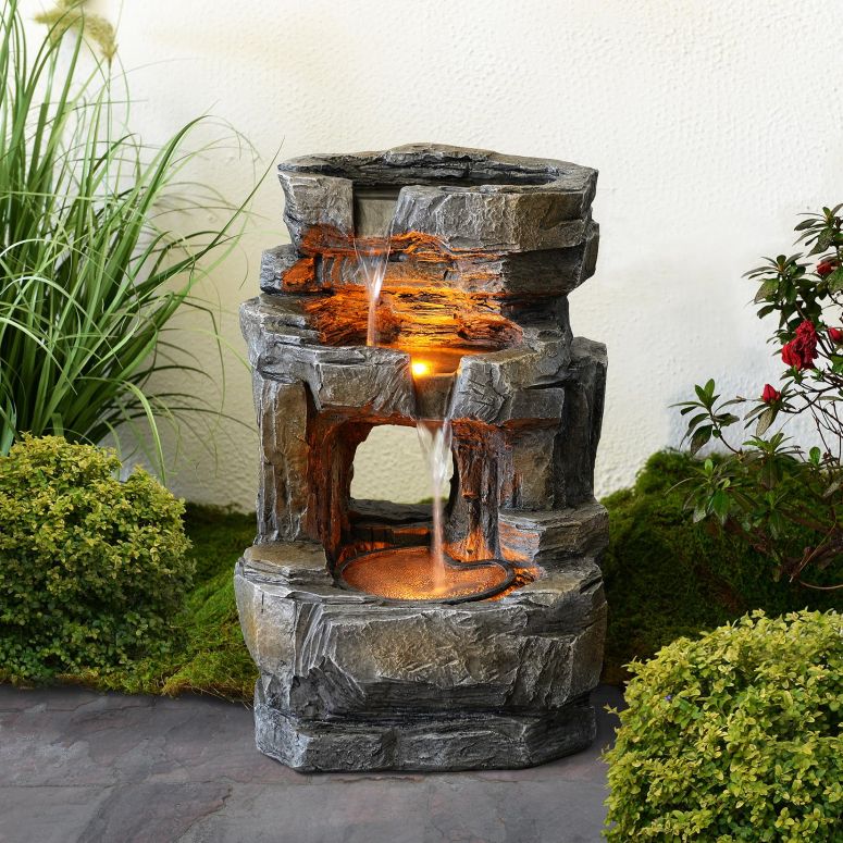 園地 吹き上げ 室内装飾吹き上げ 置き型 吹き上げ 滝のオブジェ ウォーターフォールファウンテン Kalona 3-Tier Outdoor Water Fountain with LED Lights, Resin Rock Waterfall Feature for Garden Patio Backyard, 21.5\