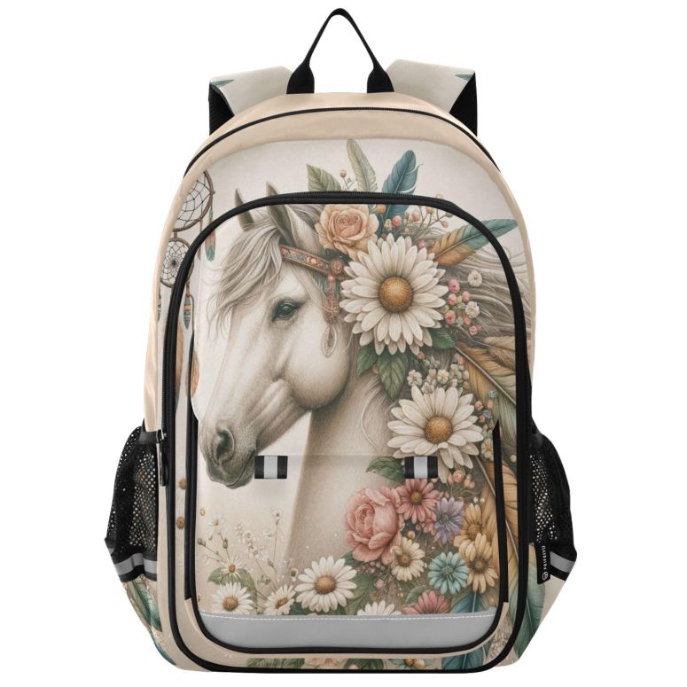 インコ 小鳥 バード トラベルキャリアー senya Horse Backpack for Boys Girls, Horse Flowers Feathers Backpack Students Bookbag Daypack for School Primary Teens, A01E23034 【並行輸入品】