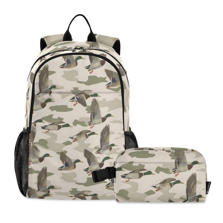 インコ 小鳥 バード トラベルキャリアー Kids Backpack Wild Duck on Camouflage Background Boys Girls School Backpack with Lunch Bag Bookbag Set 【並行輸入品】