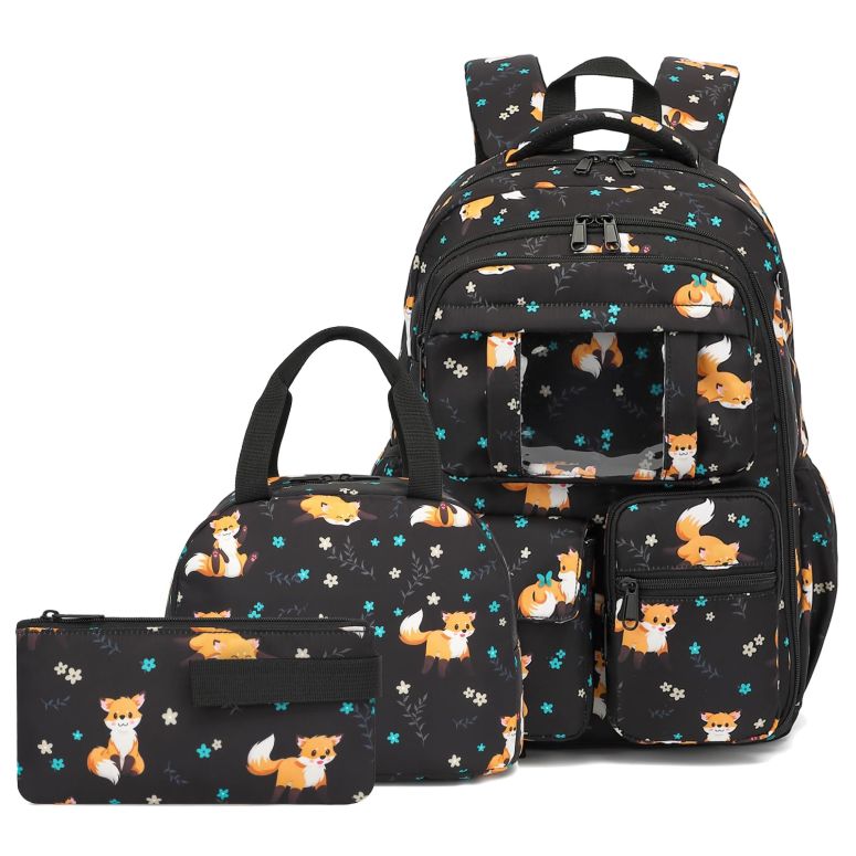 インコ 小鳥 バード トラベルキャリアー Kouxunt Fox School Backpack for Teens Girls, 3PCS Refrigerator Door Backpacks with Insulated Lunch Box Pencil Bag for Kids Women Students (Black) 【並行輸入品】