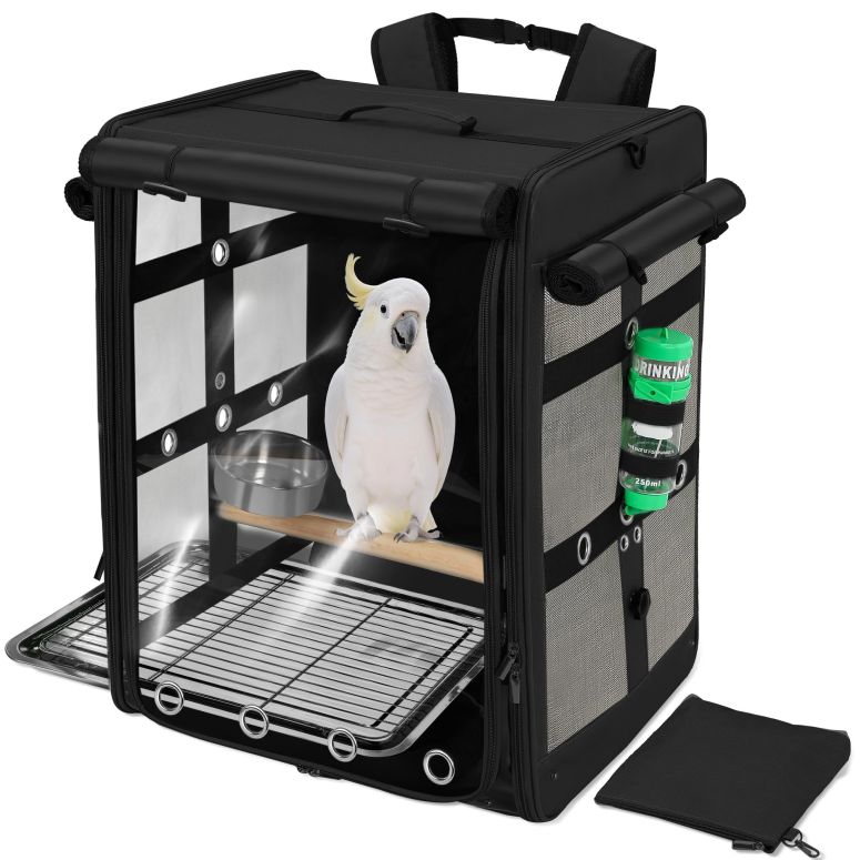 インコ 小鳥 バード トラベルキャリアー Suertree Bird Carrier Travel Cage, Cockatoo Carrier, Parrot Travel Backpack with Unbreakable Stainless Steel Mesh, Perch, Water Bottle and Food Bowl, X-Large Black 【並行輸入品】