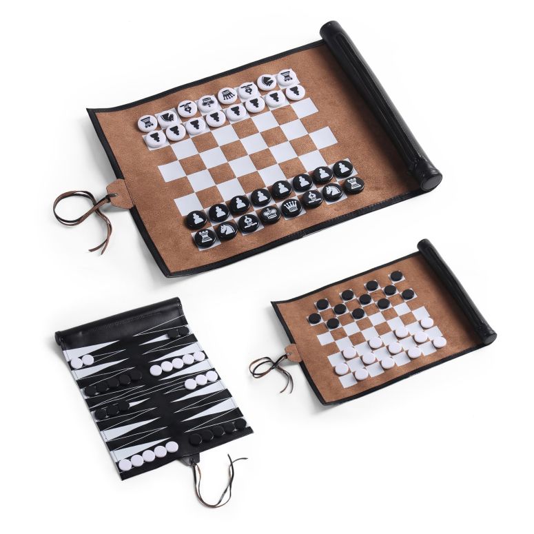 チェスセット Magic Vosom 3 in 1 Backgammon Chess Checkers Set, Roll up Travel Game Set for Adults and Kids, Black & Brown(3 in 1 Set) 【並行輸入品】