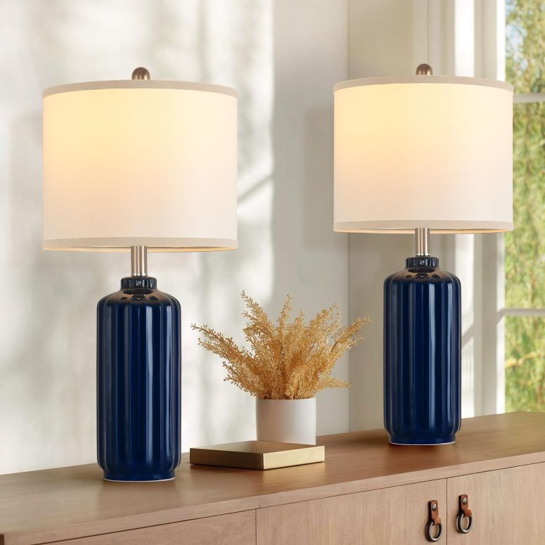 サファヴィヤ safavieh テーブルランプ サファビヤ サファヴィア Liyicha Lamp for Living Room Bedroom Lamps Farmhouse Table Lamps Set of 2 Vertical Stripe Ceramic Table Lamp,Linen Shade with Bulb, 25 in High,Navy Blue 【並行輸入品】