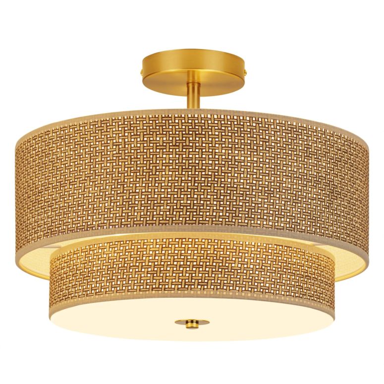 サファヴィヤ safavieh テーブルランプ サファビヤ サファヴィア HILUXIA 16 Inch Woven Rattan Linen Semi Flush Mount Ceiling Light Fixture, Modern Boho Drum Lamp for Bedroom, Kitchen, Dining Room, Living Room, Hallway, Entryway, Farmho 【並行輸入品】
