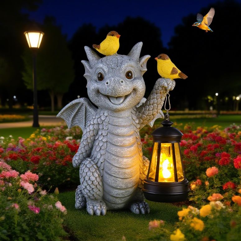 ガーデンライトLEDソーラーライト ソーラーパワー Solar Dragon Garden Statue with Lantern and Birds ? Resin Dinosaur Figurine with LED Light for Yard, Outdoor Decor, Gifts for Mom, Women 【並行輸入品】