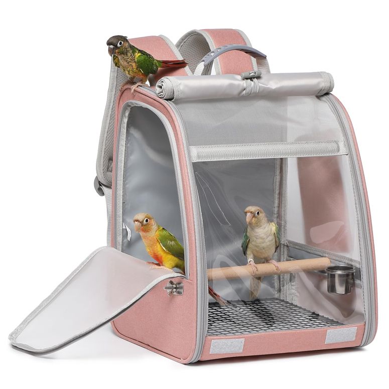 インコ 小鳥 バード トラベルキャリアー Bird Carrier Backpack, Portable Travel Bird Cage with Standing Perch, 2 Feeder Cups, Iron Mesh Stand & Removable Tray Lightweight, Breathable Mesh Window for Parrot Carrier，Easy Clean (Pink) 【並行輸入品】