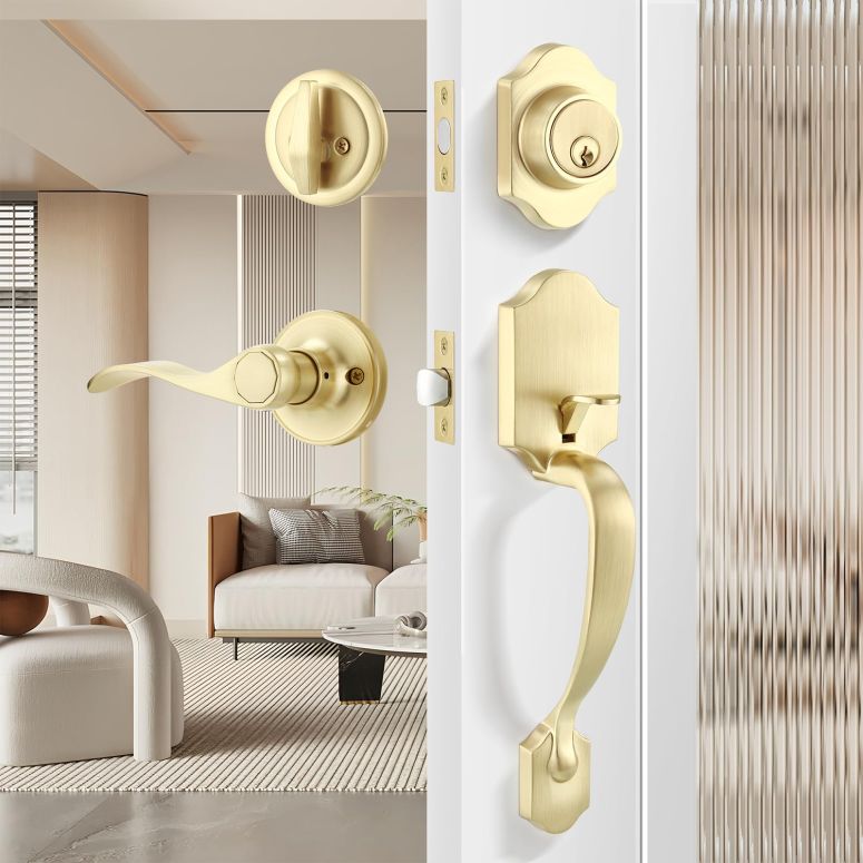 ドアノッカー Leydebong Gold Front Door Handle and Deadbolt Set, Classic Front Door Lock Set, All Keyed Differrnt Front Door Handle with Single Cylinder Deadbolt for Exterior Door, Reversible for Right&Left 【並行輸入品】 23,904円
