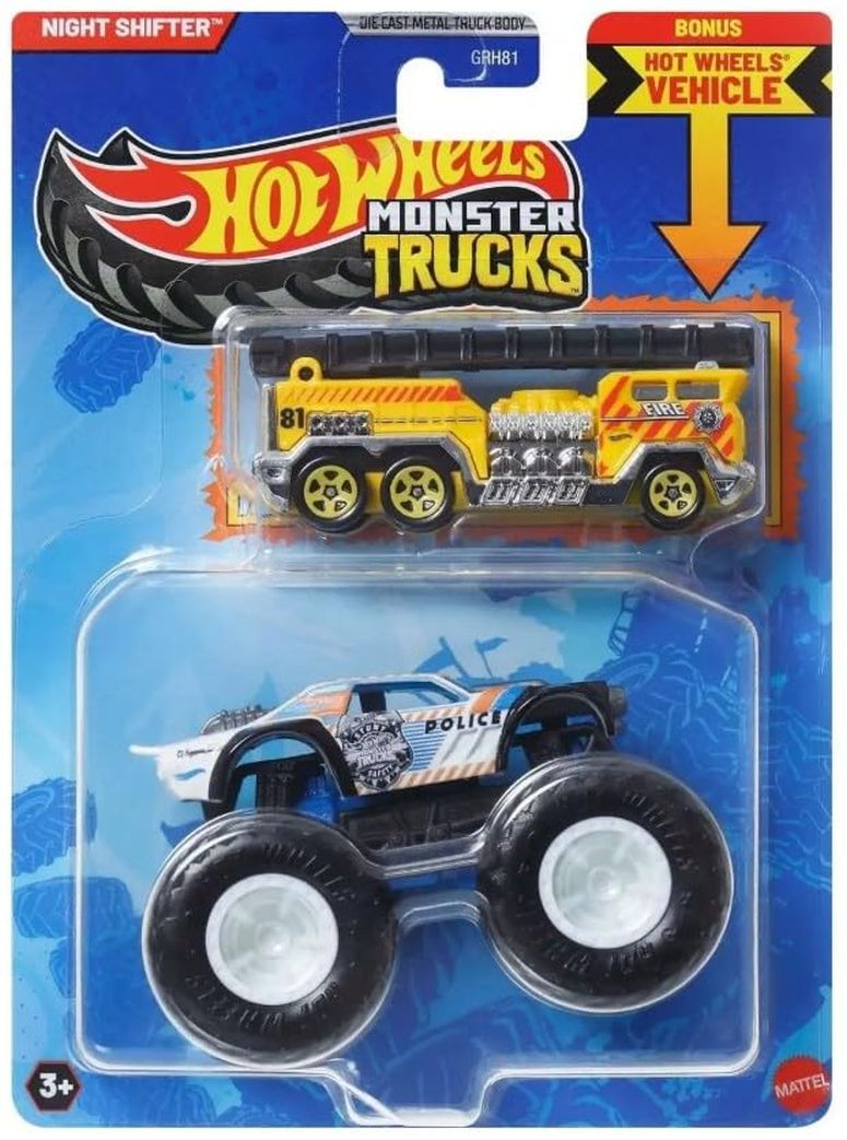 ホットウィール モンスタートラック Hot Wheels Monster Trucks Night Shifter Police Series with Crushable 5 Alarm Car, Die-Cast Vehicle, 1:64 Scale 【並行輸入品】