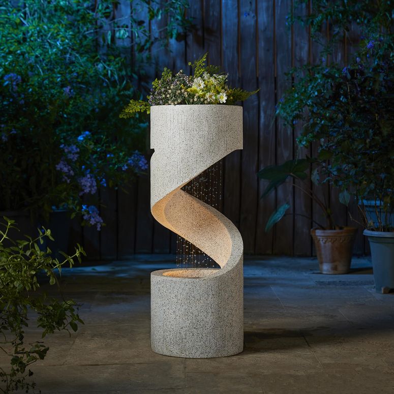 ガーデン 噴水 インテリア噴水 置き型 噴水 滝のオブジェ ウォーターフォールファウンテン Glitzhome Decorative Tiered Outdoor Water Fountain with LED Light, Curved Waterfall Fountain with Stone Planter, Faux Terrazzo Spiral Shaped Fount 【並行輸入品】