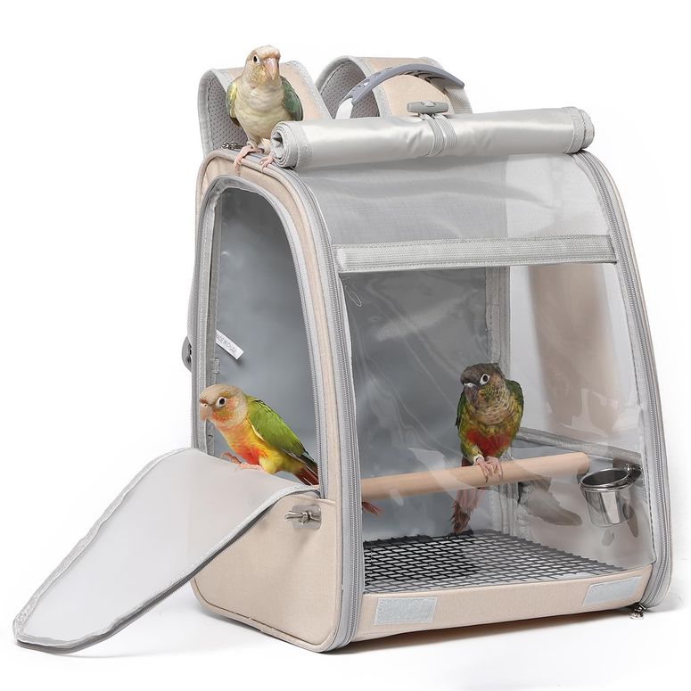 インコ 小鳥 バード トラベルキャリアー Bird Carrier Backpack, Portable Travel Bird Cage with Standing Perch, 2 Feeder Cups, Iron Mesh Stand & Removable Tray Lightweight, Breathable Mesh Window for Parrot Carrier，Easy Clean (Cream) 【並行輸入品】