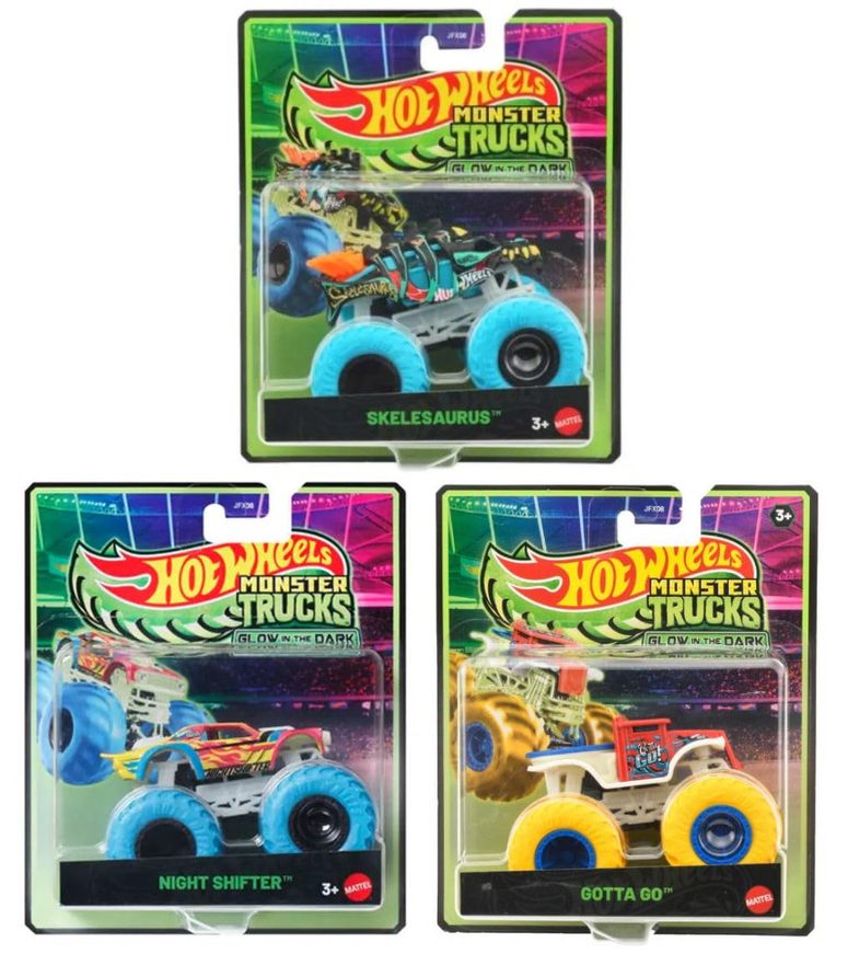 ホットウィール モンスタートラック Hot Wheels Monster Trucks Glow in The Dark Collection, Skelesaurus Night Shifter Gotta Go, Die-Cast Vehicle Set, Ages 3+ JFX08 【並行輸入品】