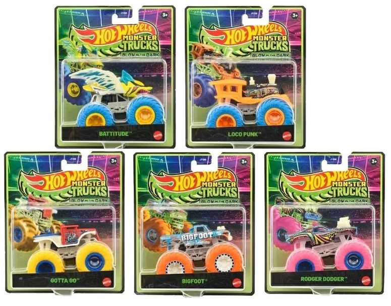 ホットウィール モンスタートラック Hot Wheels Monster Trucks Glow in The Dark Collection, Bigfoot, Rodger Dodger, Loco Punk, Gotta Go, Battitude, Die-Cast Vehicles, Ages 3+, 5 Pack JFX08-979B 【並行輸入品】｜MJ-MARKET