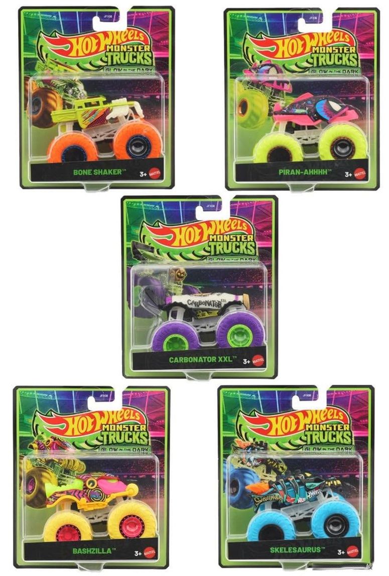 ホットウィール モンスタートラック Hot Wheels Monster Trucks Glow in The Dark Collection, Piranh-Ahhhh, Bashzilla, Boneshaker, Skelesaurus, Carbonator XXL, Die-Cast Toy Vehicles, Ages 3+, 5 Pack JFX08-979C 【並行輸入品】｜MJ-MARKET