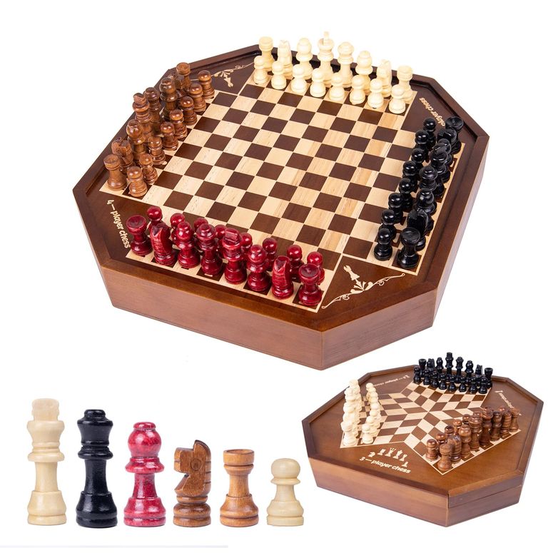 チェスセット 3 or 4 Player Wooden Chess Board Game Set, Chess Game,IQ Game, A Chessboard with Marked Chess Pieces' Positions, A Gift for Chess Enthusiasts 【並行輸入品】
