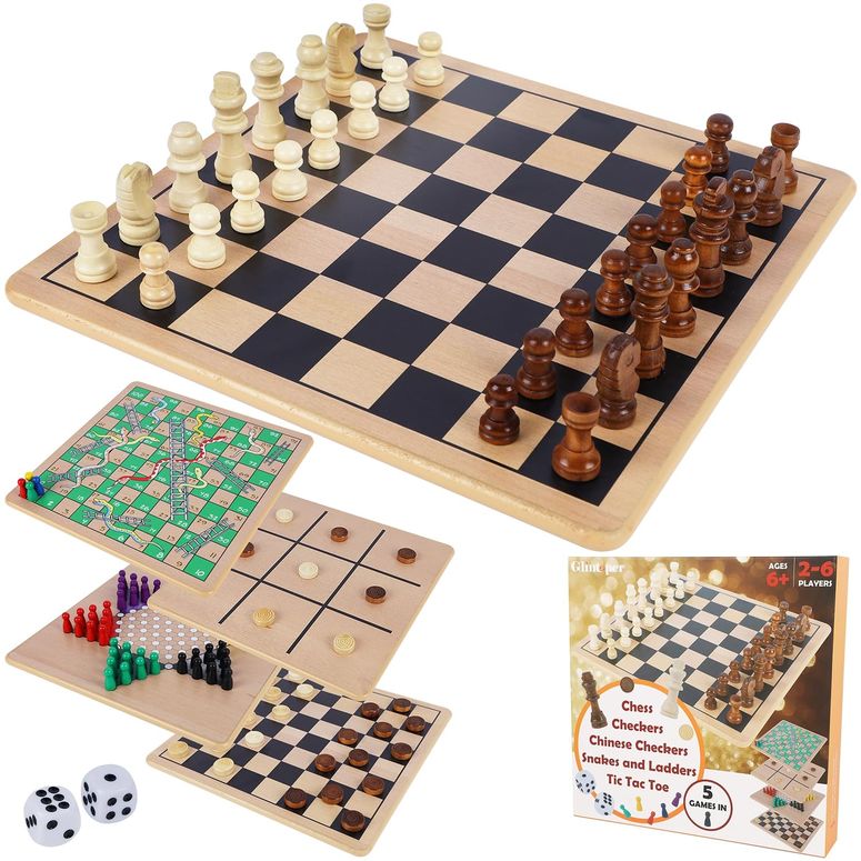 チェス仕かける Glintoper 5-インチ-1 Wooden Board Game with 2 Reversible Boards for Chess, Checkers, Chinese Checkers, Snakes and Ladders, Tic Tac Toe, Tabletop Combo Classic Portable Board Games for Kids to Adult 【並行輸入品】 おもちゃ-チェス-ファミリートイ・ゲーム