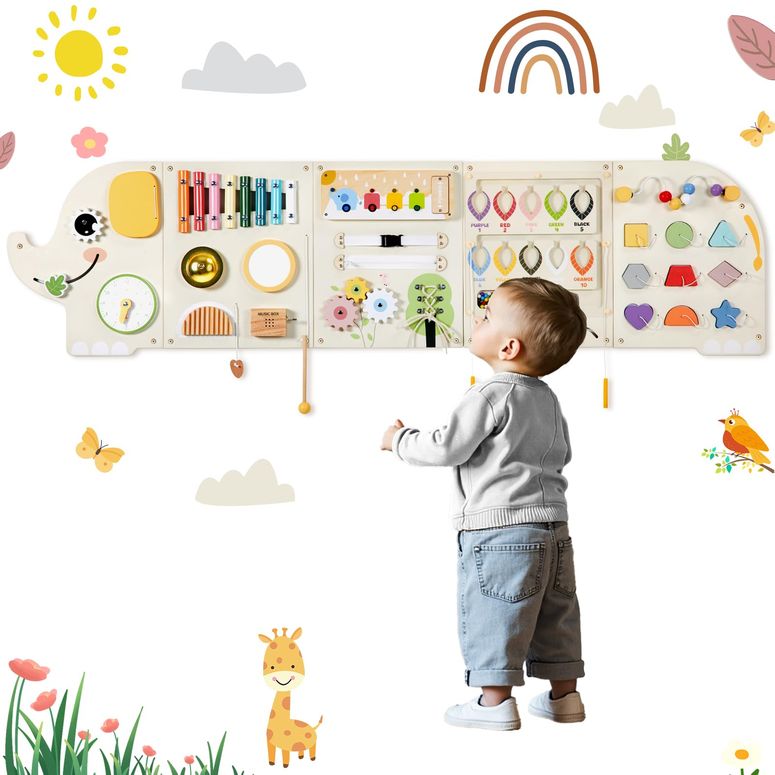 プレイパネル 知育 共感 幾何 Elephant Activity Wall Busy Board Panels,Wooden Montessori Learning Activity Center Sensory Toys Wooden Sensory Wall Panel for Kids Ideal Furniture for Playroom Daycare Dentist Waiting Room Nursery 【並行輸入品】