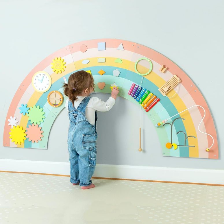 プレイパネル 知育 共感 幾何 Play Platoon Kids Sensory Wall Panel, Activity Wall Busy Board Toys for Toddlers 1-3, Sensory Board - 64x32 inch Neutral Wooden Rainbow with 11 Activities for Montessori Playroom 【並行輸入品】