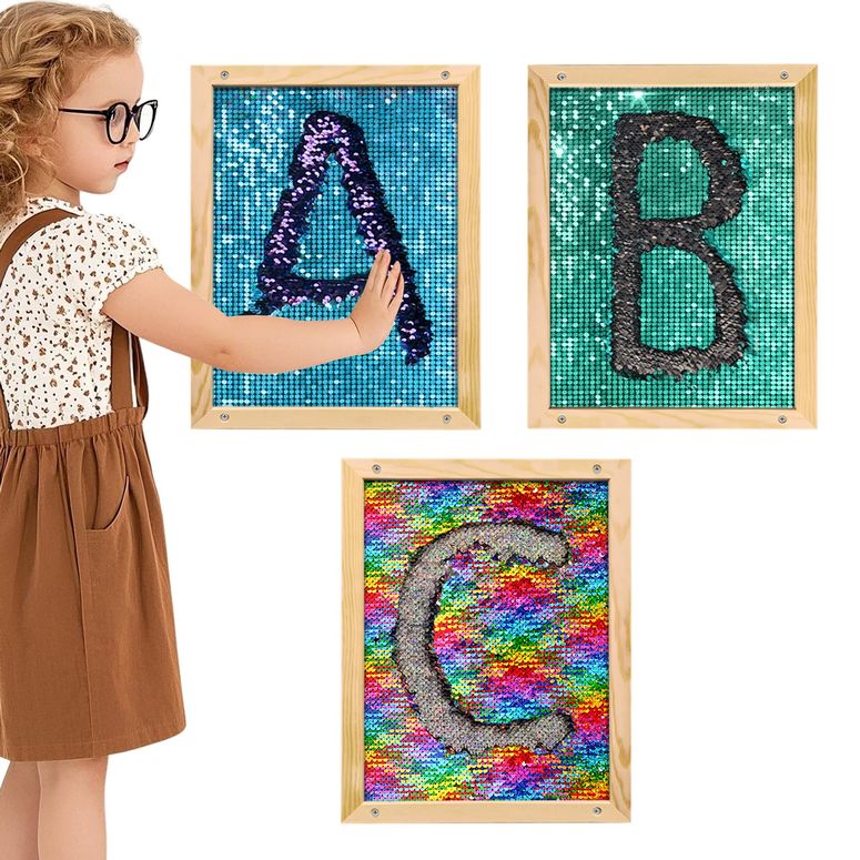 プレイパネル 知育 共感 幾何 3 Pcs Flip Sequin Fabric Wood Frame Wall Panel, Sensory Toy Reversible Sequin Flip Fabric Mat with Wood Frame, Interactive Sensory Board for Play & Learning, Wall Hangings Decoration, 【並行輸入品】