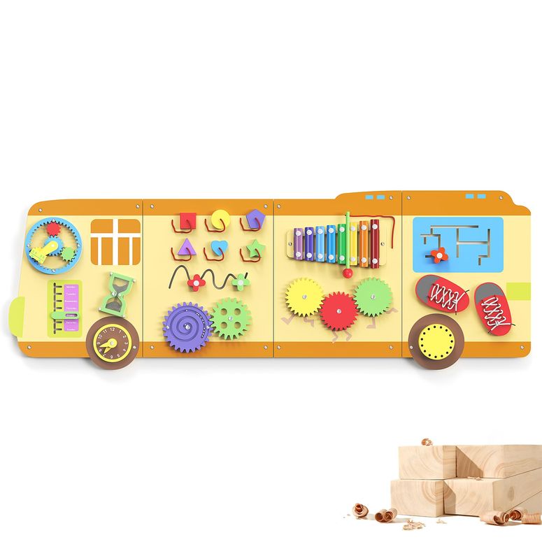 プレイパネル 知育 以心伝心 幾何学 BlueWood Wooden Wall Busy Board Panels, Toddler Learning Activity Center, Montessori Philosophy Sensory, Educational Toys, Conducive to All-Round Development - School Bus 【並行輸入品】