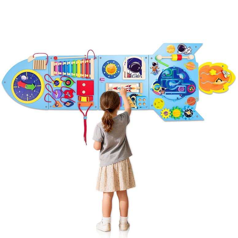 プレイパネル 知育 意気投合 幾何学 Montessori Busy Board, Sensory Wall Panel for Kids, Activity Wall Busy Board with DIY Rocket Stickers, Activity Cube Wooden Boards for 3+ Years Old 【並行輸入品】