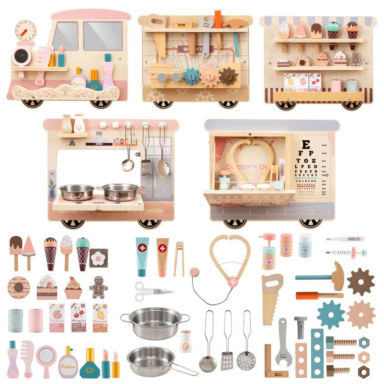 プレイパネル 知育 意気投合 幾何学 Costzon Train Activity Wall Busy Board, Sensory Wall Panel for Kids w/ Vanity, Tool Box, Play Kitchen, Doctor Kit \u0026 Snack Bar, Toddler Montessori Learning Toy for Playroom, Daycare, Nursery, Classroom 【並行輸入品】