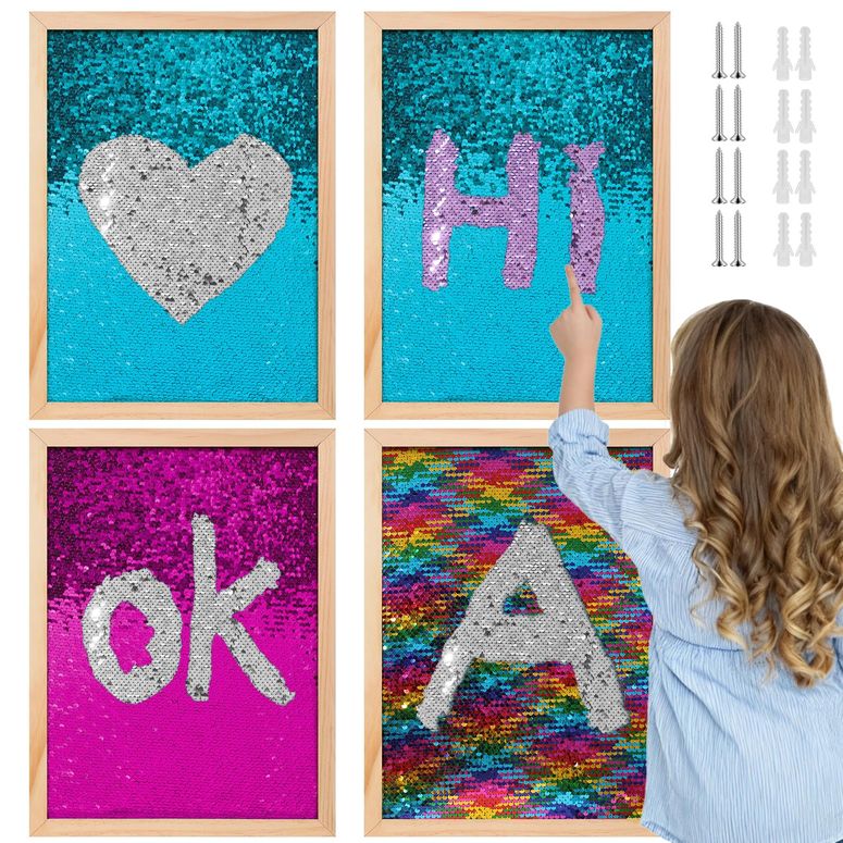 プレイパネル 知育 意気投合 幾何学 Zplontya Flip Sequin Sensory Wood Wall Frame Panels-4 Packs Reversible Sensory Boards with Wood Frame, Sensory Toy Sequin Flip Fabric Mat for Classroom, Sensory Room \u0026 Early Learning 【並行輸入品】