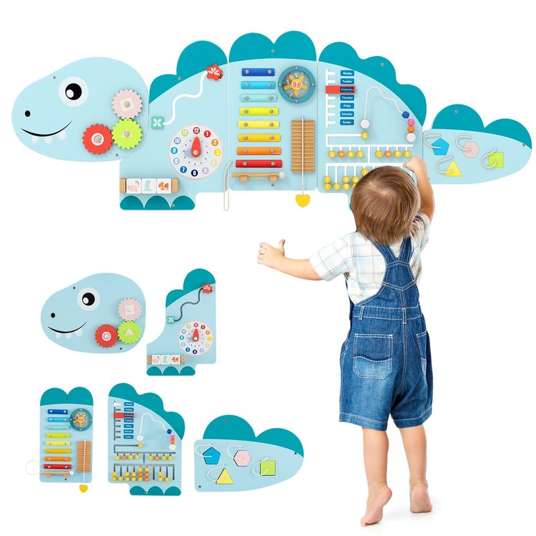 プレイパネル 知育 思い遣り 幾何学 HONEY JOY Dinosaur Activity Wall Busy Board Panels, 11-インチ-1 Wooden Sensory Wall Panel for Kids, Toddler Learning Activity Center, Ideal for Playroom Daycare Nursery Classroom Dentist Office (Blue) 【並行輸入品】