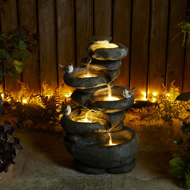 ガーデン 噴水 インテリア噴水 置き型 噴水 滝のオブジェ ウォーターフォールファウンテン Glitzhome 5-Tier Cascading Rock Outdoor Water Fountain with LED Light & Pump, Natural Stacked Stone Look Water Fountain with Lively Birds for Gard 【並行輸入品】