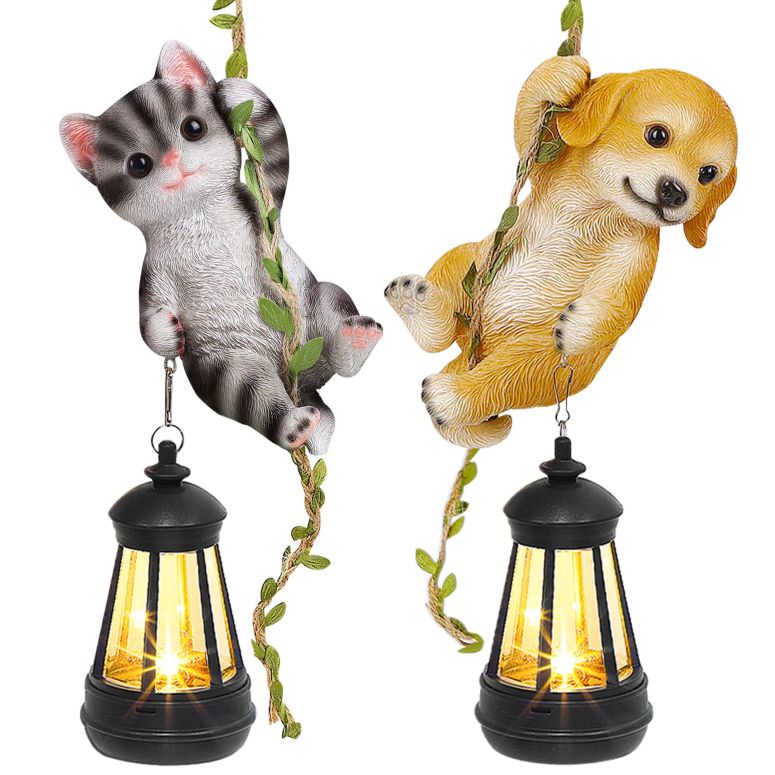ガーデンライトLEDソーラーライト ソーラーパワー ZaaYee Set of 2 Solar Hanging Statue, Outdoor Resin Black White Cat & Golden Retriever Dog Figurine with LED Lights, Animal Ornament for Garden, Fence, Porch, Patio, Yard Decor 【並行輸入品】
