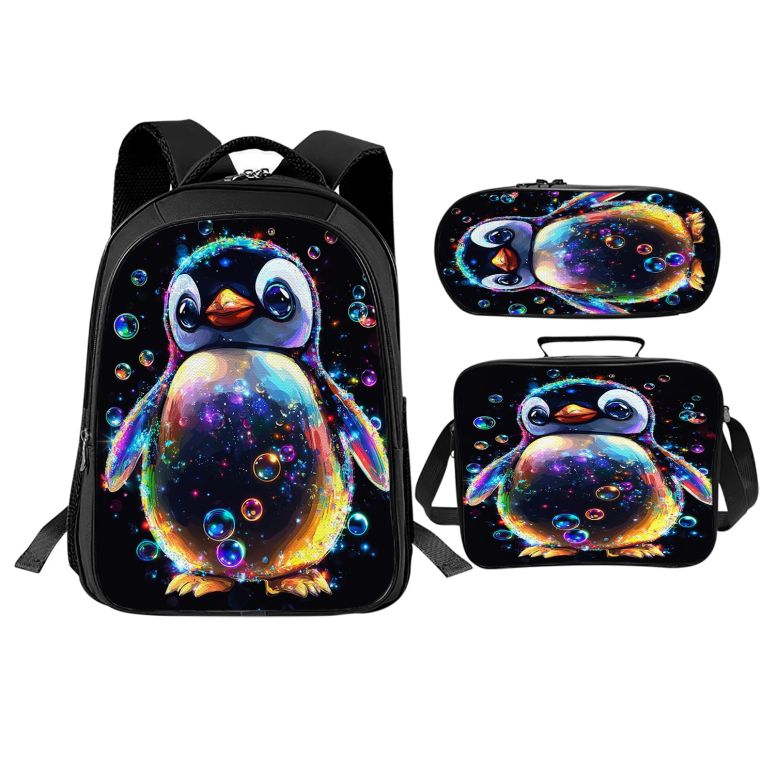 インコ 小鳥 バード トラベルキャリアー Trimety Cute Penguin Backpack Set 3 Piece School Bags and Lunch Box with Pencil Case Penguin Animal Bookbag Set for Toddler Kids Girls Boys Teens Kindergarten Elementary Middle 【並行輸入品】
