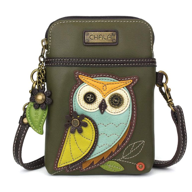 インコ 小鳥 バード トラベルキャリアー CHALA Bird Collection Cell Phone Crossbody Purse-Women PU Leather/Canvas Multicolor Handbag with Adjustable Strap - Owl A - olive 【並行輸入品】