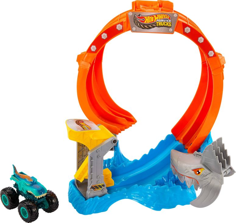 ホットウィール モンスタートラック Hot Wheels Monster Trucks Corkscrew Shark Smash Track Set & 1:64 Scale MEGA-Wrex Toy Truck 【並行輸入品】