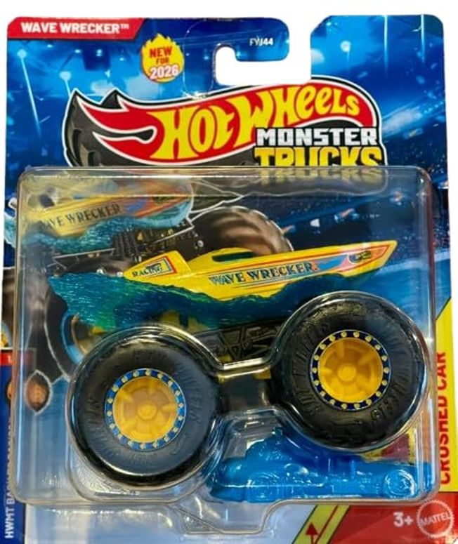 ホットウィール モンスタートラック Hot Wheels Monster Trucks Wave Wrecker, Back to Basics 1/8 [Includes Crushed Car] New for 2026! 1:64 Scale Diecast Toy Vehicle 【並行輸入品】