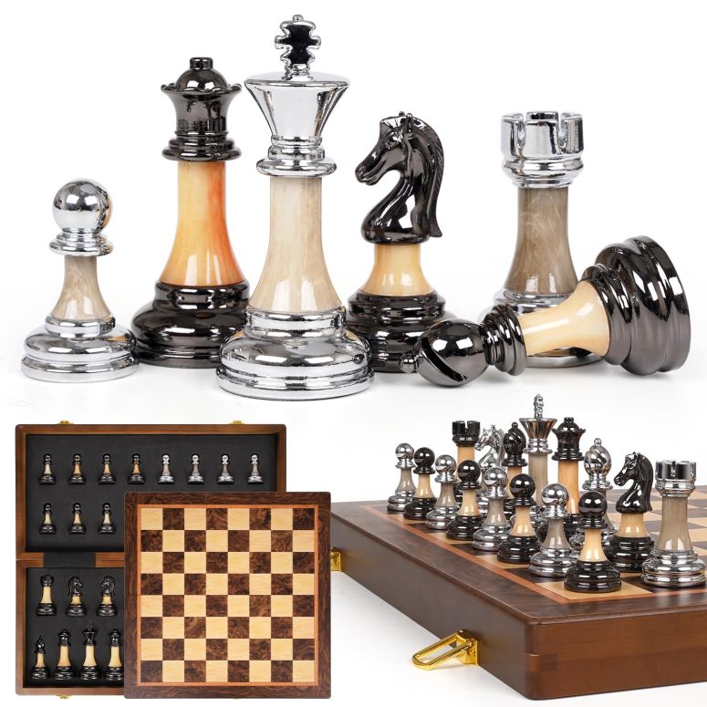 チェスセット Luxury Large Chess Set 17 Inch Wooden Chess Board with Metal and Acrylic Chess Pieces, 3.5" King, 2 Extra Queens, Foldable Tournament Chess Set for Adults and Kids, Gift Display Chess Game Collection 【並行輸入品】|MJ-MARKET