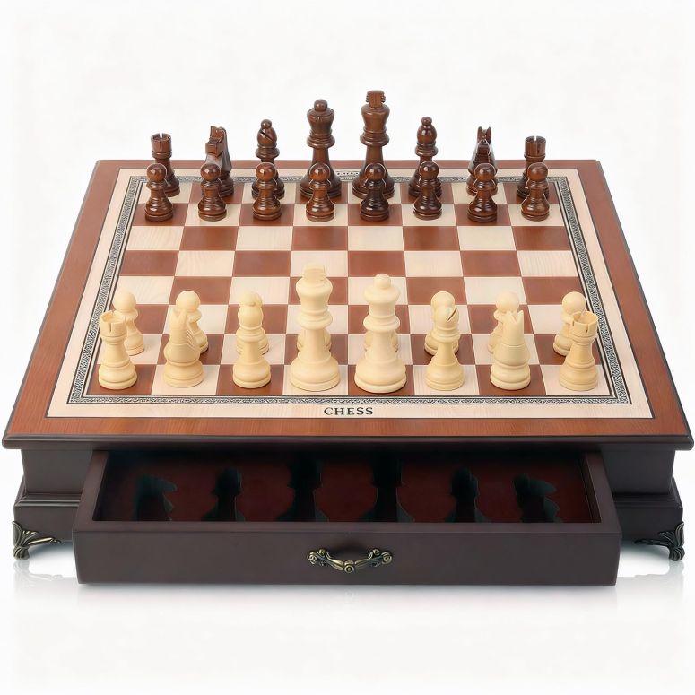 チェスセット 14.6-Inch Wooden Chess Set with Drawer Storage ? Handmade Chess Board with 2 Extra Queens, Elegant Home Decor and Strategy Game for Adults & Beginners 【並行輸入品】|MJ-MARKET