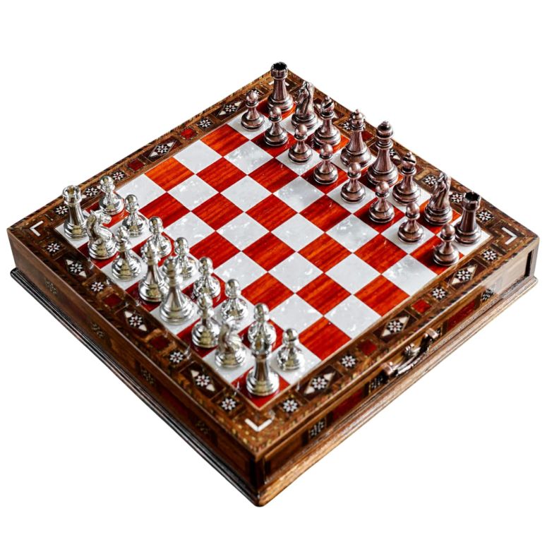 チェスセット Luxury Wooden Chess Set with Storage, Handcrafted Inlaid Board, Bronze and Silver Zinc Pieces, 12,6 x 12,6 x 2,8 inches 【並行輸入品】｜MJ-MARKET