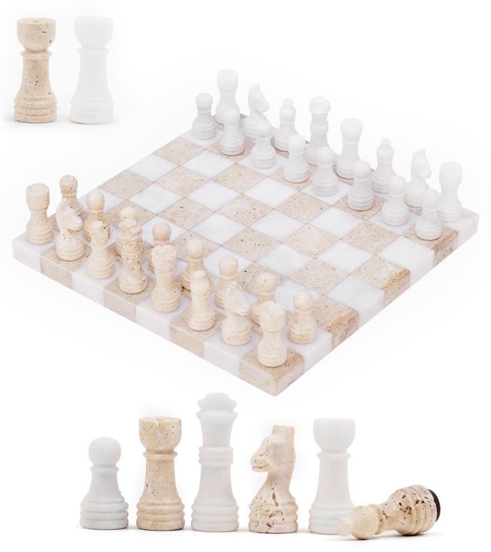 チェスセット Marble Chess Set 10" White & Travertine Classic Board Game with 32 Pieces & 2 Extra Queens, Ideal for Family Game Nights and Travel Chess 【並行輸入品】|MJ-MARKET